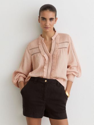 Reiss Pale Pink Cotton Cheesecloth Long-sleeve Top, 18