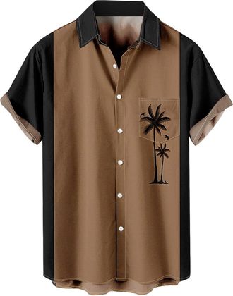 Generic Hawaiian Shirts for Men Adult Short Sleeve Shirts Men Bowling Shirt Print Shirts Casual Button Shirt Loose Beach Shirts Mens Bowling Shirt 1950s Retro