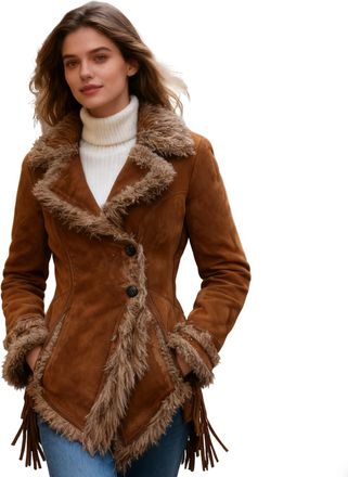 Generic Womens Vintage Faux Suede Winter Coat with Faux Fur Collar, Long Jacket in Black/Brown Bohemian Plus Size Long Coat