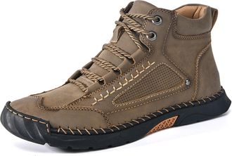 Generic Mens Handmade Leather Boots - Comfortable Wide Fit Waterproof Hiking & Work Shoes with Arch Support(Khaki,13.5-14)