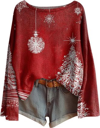 Generic Funny Christmas Jumper for Women, Long Sleeve Loose Fit Boat Neck Sweater Pullover, Festive Knitted Jumper with Multiple Designs for Holiday & Casual 