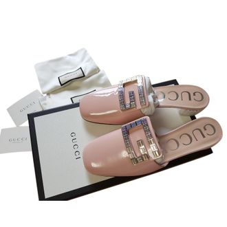 Gucci Nude Crystal Embellished Square G Mules Size 37
