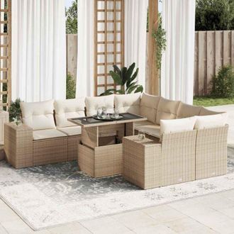vidaXL Set De Sof&aacute;s De Jard&iacute;n Con Cojines 9 Pzas Rat&aacute;n Sint&eacute;tico Beige Vidaxl