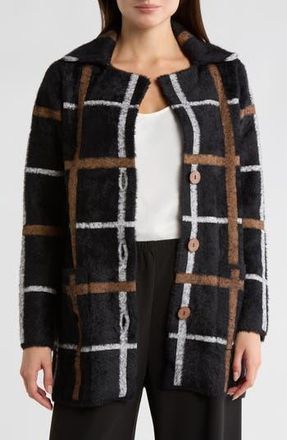 T Tahari Long Sleeve Plaid Coat in Black/White/Camel at Nordstrom Rack, Size X-Small