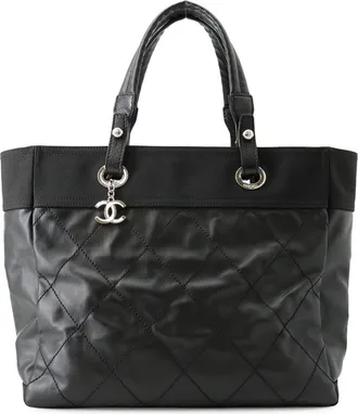 Chanel Black Leather Canvas Tote Bag (Pre-Owned)