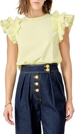 English Factory Ruffle Sleeve Mix Media Cotton Top in Butter Yellow at Nordstrom, Size X-Small
