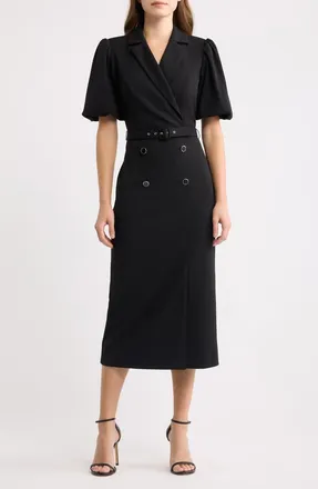 Eliza J Belted Puff Sleeve Midi Dress in Black at Nordstrom, Size 14