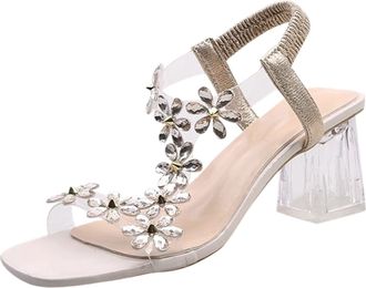 Generic Womens Mules Summer Fashion Spring Women Sandals Crystal Heel High Heel Rhinestone Flowers Casual Campus Shoes Women, beige, 8.5 UK