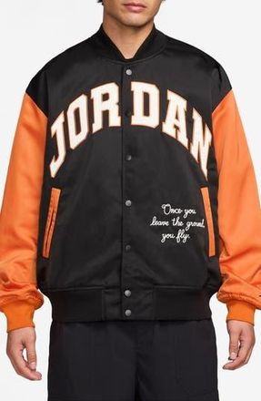 Nike Jordan Brooklyn Collegiate Varsity Jacket in Black/Starfish/Black at Nordstrom Rack, Size X-Large