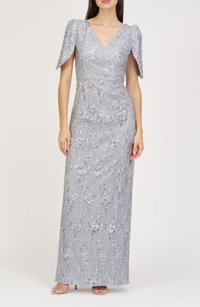 JS Collections Elena Floral Embroidered Column Gown in Silver at Nordstrom, Size 12