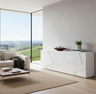 Dmora Aparador Moderno Con 4 Puertas Y 3 Cajones, Made In Italy, Aparador De Cocina Con Detalle, Buffet De Sal&oacute;n De Dise&ntilde;o, 224x44h86 Cm, Color Blanco Brill