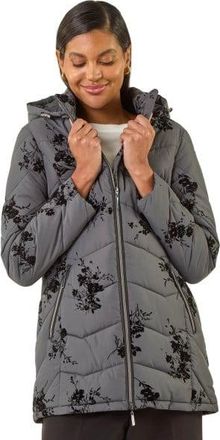 Roman Womens Floral Flock Padded Coat - Grey - Size 16 UK