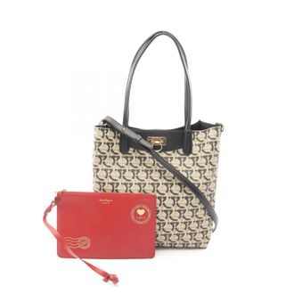 Ferragamo Beige Black Coated Canvas Leather Handbag Pouch Tote Bag (Pre-Owned)