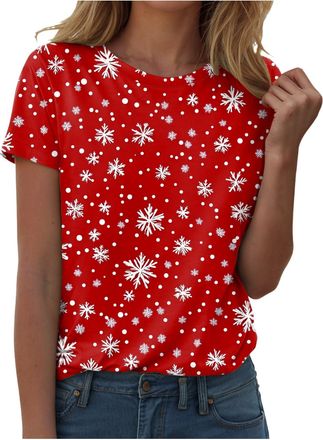 Generic Christmas Shirts for Women Merry Christmas Printed Short Sleeve T-Shirts Xmas Holiday Tees Tops Red Wine Glass Printed Loose Fit Funny Novelty Pullove