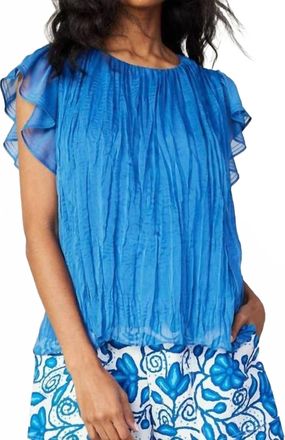 Current Air Flutter Short Ruffle Sleeve Crinkle Top In Azure Blue