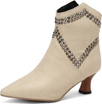 Generic Womens Kitten Heel Chelsea Ankle Boots Pointed Toe Short Boots with Rivet PU Leather Casual Boot with Zipper,Beige,10.5 UK