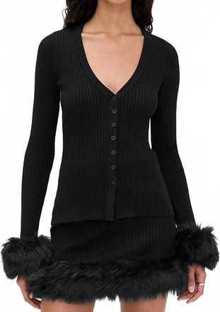 Show me your Mumu Sasha Long Sleeve Top In Black Knit With Faux Fur