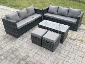 Fimous Outdoor Rattan Garden Furniture Lounge Sofa Set With Coffee Table 2 Stools in Dark Grey