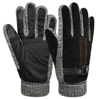 Heekpek Mens Winter Leather Gloves Thick Warm Fleece Windproof Gloves Cold Proof Mittens for Driving Cycling Motorcycle Camping (Black)