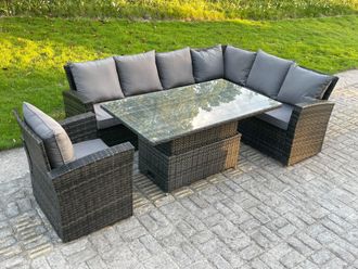 Fimous High Back PE Rattan Corner Sofa Set Garden Furniture Adjustable Rising Lifting Table in Dark Grey
