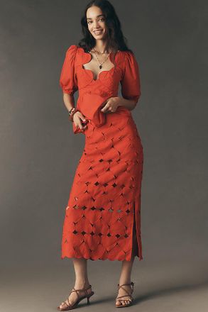 Farm Rio Cutout Hearts Linen Midi Skirt