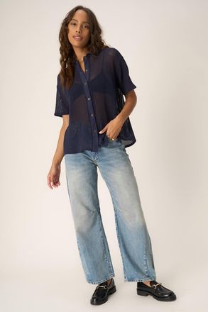 Bloomingdale's Sonja Button Front Collared Heavy Mesh Tee