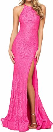 Sherri Hill Beaded Lace Halter Gown In Bright Pink