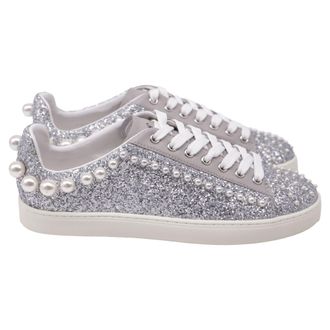 Stuart Weitzman Goldie Faux Pearl-Embellished Sneakers in Silver Glitter
