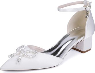 Generic Women Satin Bridal Shoes Pointed Toe Low Chunky Heels Pearls Pumps Wedding Shoes Evening Party Dress Shoes 4.5Cm,White,10 UK