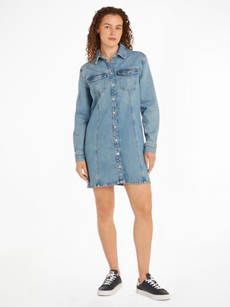 Tommy Jeans Blusenkleid TOMMY JEANS ALINE LS DRESS CH6119 EXT, Damen, Gr. XS (34), N-Gr, blau (denim light), Web, Obermaterial: 99% Baumwolle, 1% Elasthan, unifar