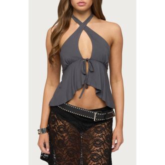 Edikted Dafnie Split Front Crisscross Neck Top in Dark-Gray at Nordstrom, Size X-Large