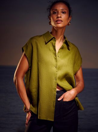 Contemporaine Womens Pure linen cap-sleeve shirt