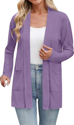 Generic Womens Summer Cardigan Casual Lightweight Open Front Plain Long Sleeve Cardigans Holiday Travel Lounge Blouse Tops with Pockets High Low Hem Purple