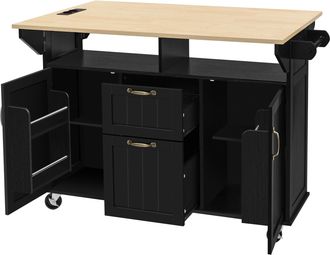 STILVORA Carro De Cocina Con 2 Puertas, 2 Cajones, Huecos Abiertos, Mesa Abatible, Enchufes Y Toallero, En Mdf, 120 X 40-60-80 X 92 Cm, Negro Y Natural