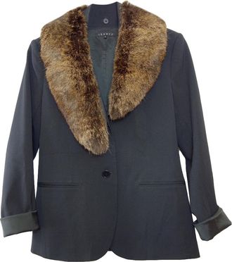 Theory Black Tailored Jacket with Rabbit Fur Removable Collar Size M