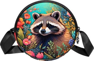 Generic Circle Crossbody Bag for Women, Color Drawing Raccoon Small Sling Bag Daypack with Zipper Adjustable Shoulder Straps Casual Ladies Girls Round Purse