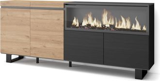 Skraut Home Aparadores Para Sal&oacute;n, Gran Capacidad De Almacenaje, 210, 4 Puertas, Chimenea El&eacute;ctrica Xxl, Dise&ntilde;o Industrial, Estilo Moderno, Roble Y Negro - Skraut