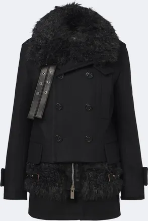 sacai Layered leather-trimmed wool coat