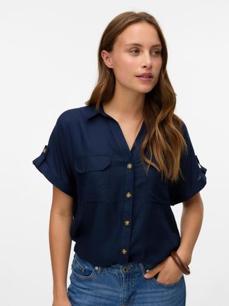 Vero Moda Kurzarmbluse VERO MODA VMBUMPY S/S SHIRT WVN GA NOOS, Damen, Gr. XL, navy blazer, Web, Obermaterial: 100% Viskose, unifarben, regular fit normal, V-Au