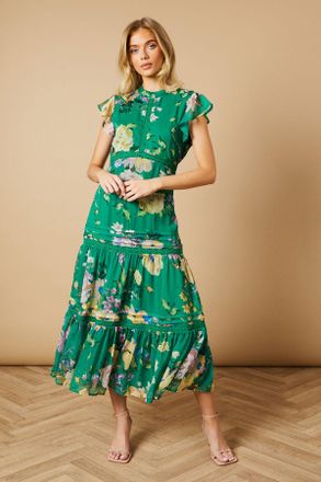 Oasis Womens Floral Printed Chiffon Lace Insert Dress - Green - Size 8 UK