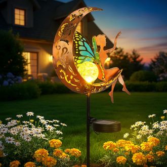 OEM Lampara Solar Jardin - Dise&ntilde;o Luna Estrella - Luz Blanca C&aacute;lida - Para Patio Cesped Camino - 1 Unidad