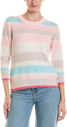 Fort&eacute; Cashmere 3/4-Sleeve Openwork Stripe Crewneck 100% Cashmere Sweater