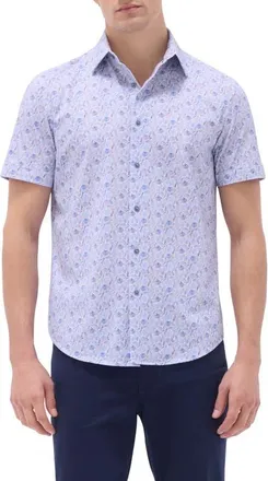 Bugatchi Miles OoohCotton Leaf Print Short Sleeve Button-Up Shirt in Air Blue at Nordstrom, Size Xxx-Large
