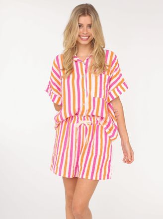 Zwillingsherz Hemdbluse ZWILLINGSHERZ Musselinset, Damen, orange (neonorange), Obermaterial: 100% Baumwolle, gestreift, comfort fit h&uuml;ftbedeckend, V-Ausschnitt, Blu