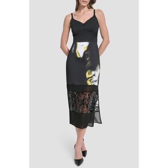 DKNY Mesh & Sequin Paneled Midi Skirt in Marbled Citronella at Nordstrom, Size 12