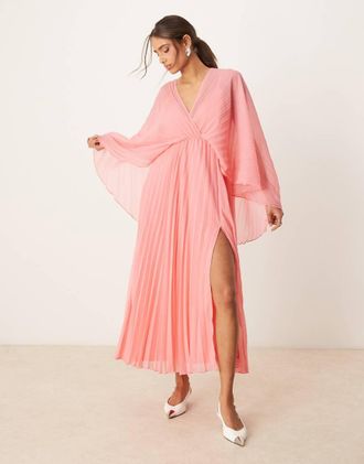 Asos cape detail pleated maxi dress in rose pink
