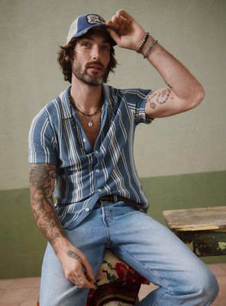 Le 31 Mens Striped pointelle knit shirt