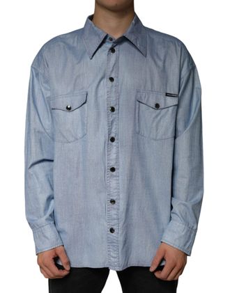 Dolce & Gabbana Mens Light Blue Cotton Button Down Casual Shirt Polyester Elastane T-Shirts And Polos