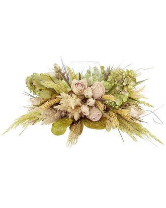 Creative Displays Inc. Handcrafted Fall Candleholder With Hydrangeas, Dried Roses & Wheat