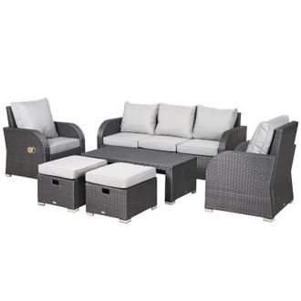 OUTSUNNY 6pc Padded Outdoor Rattan Wicker 3-Seat Sofa Recliner Footstool Table - Light Grey | TJ Hughes